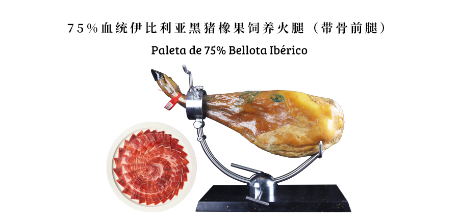 Jamón criado con bellota de cerdo negro ibérico de 75% de ascendencia (con patas delanteras de hueso)